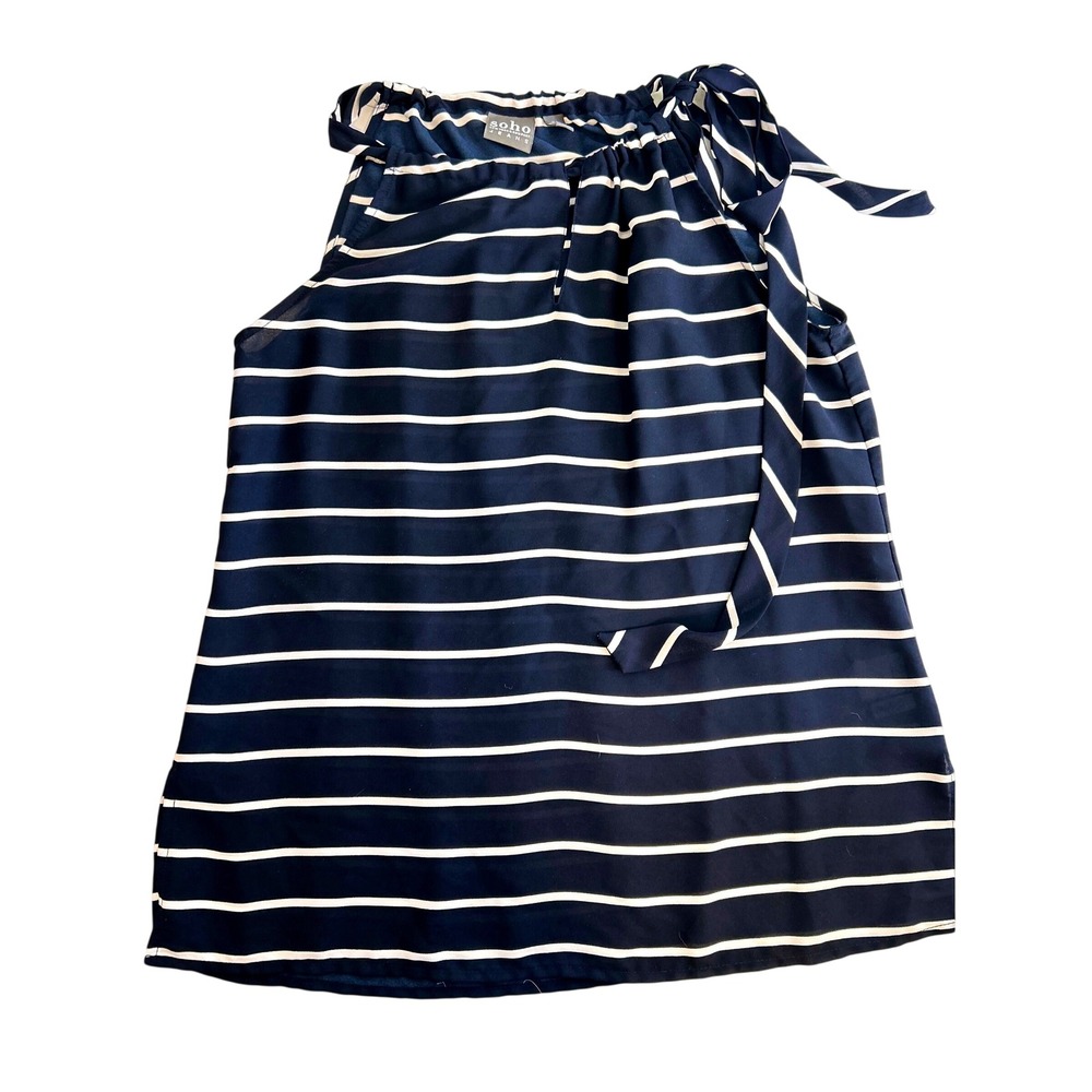 Soho Jeans Sleeveless Tie Neck Striped Blouse Navy White Women XS